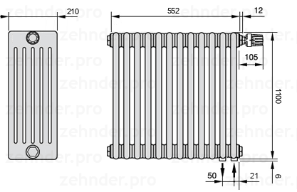 Схема (чертеж) Радиатор Zehnder Charleston 6110/12 №V002 Белый глянцевый RAL 9016
